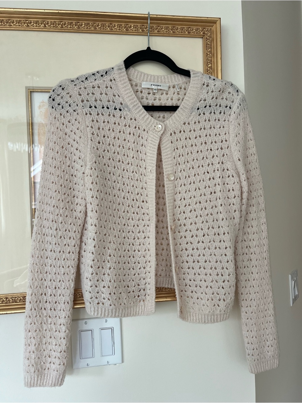 Frame Denim Cream Openwork Knit Button-Front Cardigan